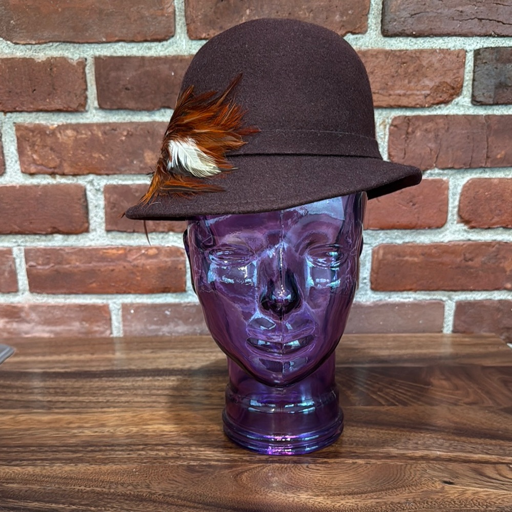 Brown Felt Cloche Hat with Feather Accent